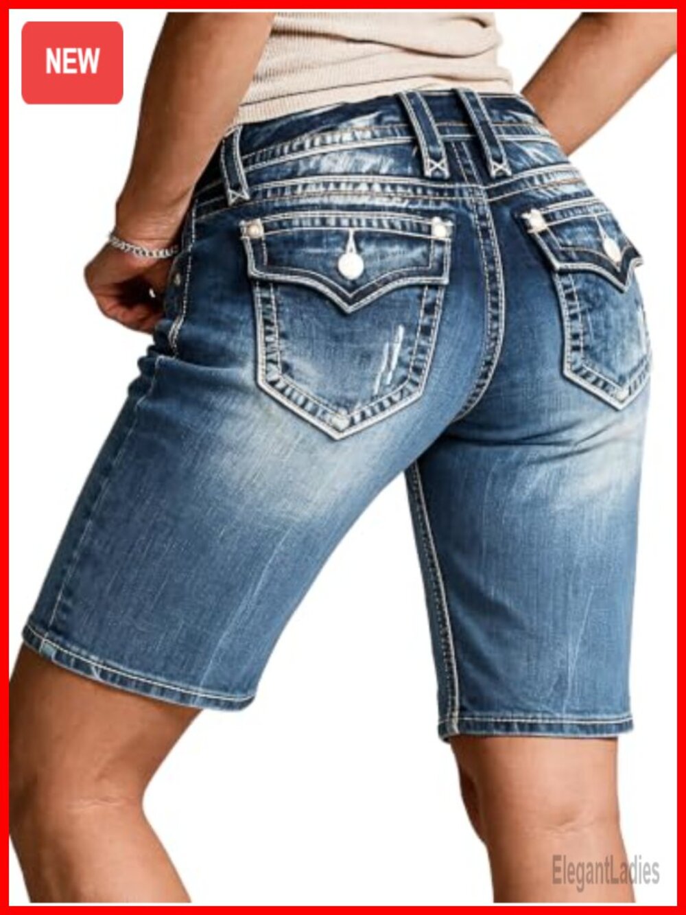 Mid Rise Button Fly Ripped Denim Shorts High Stretch Casual